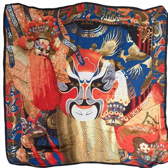 Asilk Accessories - Asilk Asian Opera Mask Print X-Large 100% Silk Scarf 42x42